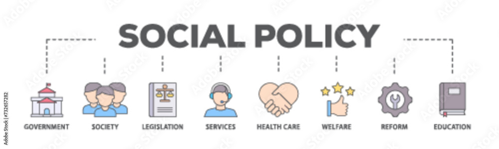 Social policy banner web icon illustration concept with icon of education, reform, services, welfare, health care ,legislation, society, government icon live stroke and easy to edit Social policy banner web icon illustration concept with icon of education, reform, services, welfare, health care ,legislation, society, government icon live stroke and easy to edit