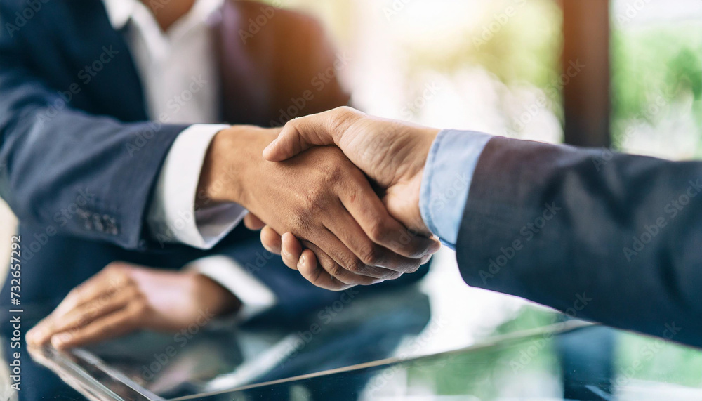 businesspeople shake hands over a sleek glass desk businesspeople shake hands over a sleek glass desk