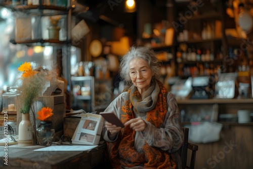 Portrait of older Caucasian woman inside a coffee shop using her smartphone