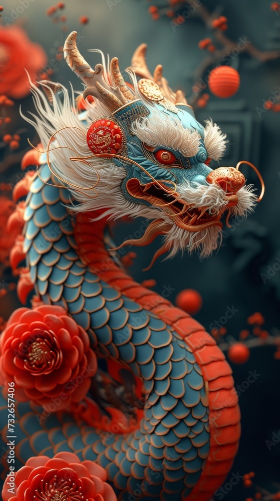 A majestic Chinese dragon with intricate scales surrounded by floating red lanterns and blossoming flowers, generative ai A majestic Chinese dragon with intricate scales surrounded by floating red lanterns and blossoming flowers, generative ai