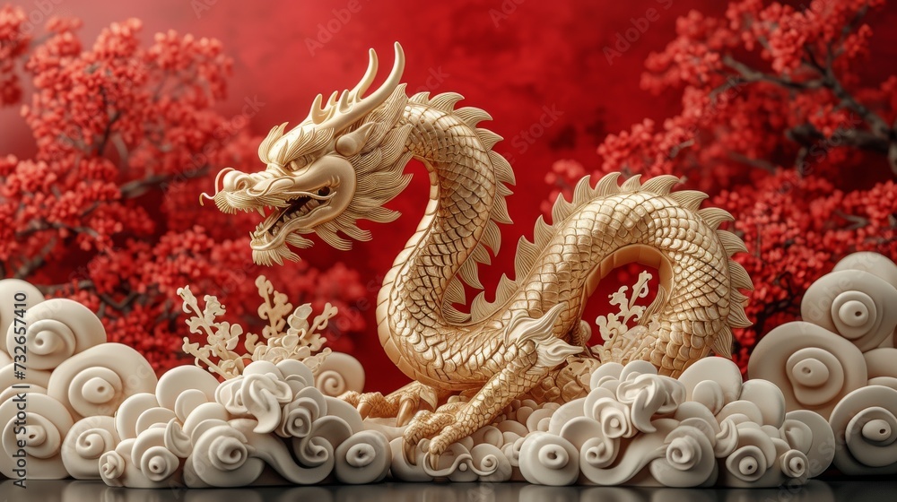 Golden dragon statue with intricate details amidst stylized clouds on a red floral background, generative ai Golden dragon statue with intricate details amidst stylized clouds on a red floral background, generative ai
