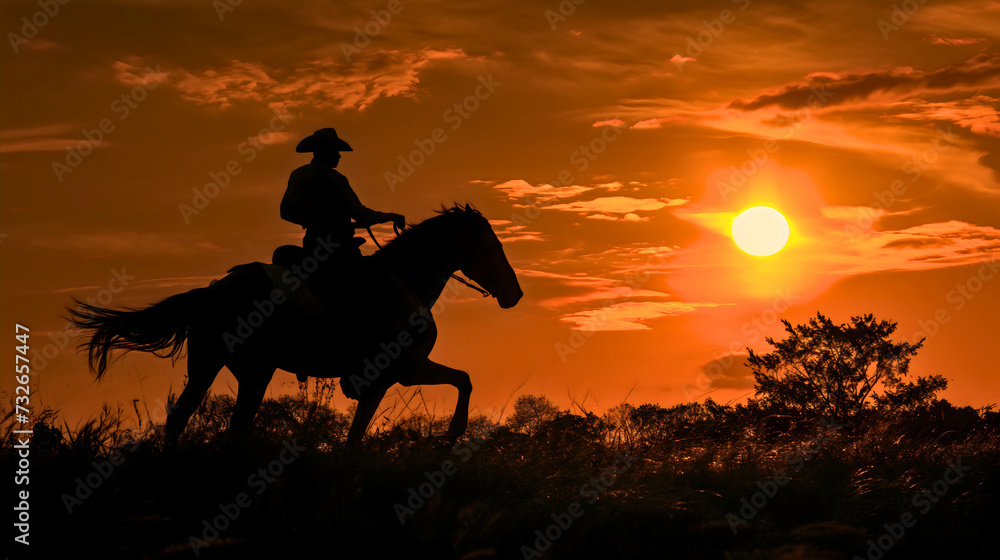 Silhouette of a male western American cowboy or cowman wearing a hat and riding a horse at the sunset in the summer nature. Vintage Texas country, rancher clothing