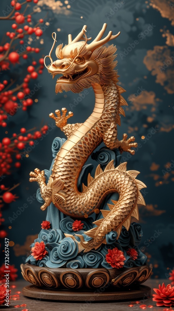 Fototapeta premium An intricate golden dragon sculpture entwined around blue clouds against a red berry and floral backdrop, generative ai