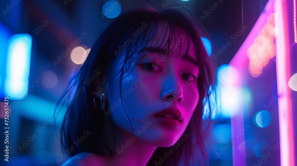 vaporwave Thailand culture futuristic portrait, Bangkok nightlife and purple blue lights, mirrorless camera. Cyberpunk Asian culture vaporwave Thailand culture futuristic portrait, Bangkok nightlife and purple blue lights, mirrorless camera. Cyberpunk Asian culture