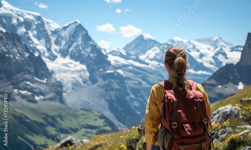 Swiss Alpine Adventure: A Happy Tourist Woman, Backpack-Clad, Revels in the Daytime Splendor of Jungfraujoch, Marveling at the Panoramic Views and Snow-Capped Peaks in the Swiss Alps.
