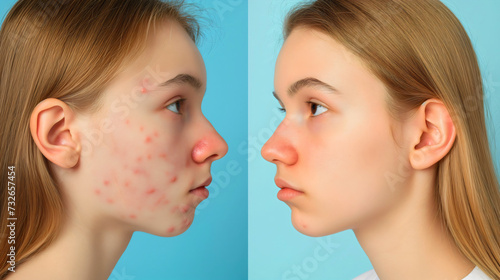 Young woman or teenage girl dermatology acne treatment before and after. Teenager facial skin inflammation or irritation in puberty, pimples or spots, infections and scars, allergy removal result