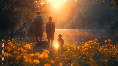 Three individuals stand amidst wildflowers, overlooking a serene lake as the sun sets, casting a warm light, generative ai