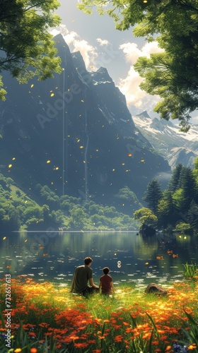 Two people sit by a serene mountain lake surrounded by lush greenery and floating petals, generative ai