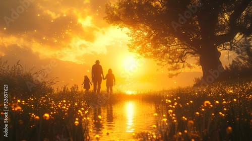 A family walks by a lake at sunset  surrounded by trees and glowing flowers  reflecting serenity  generative ai