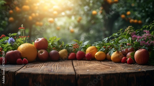 Various fresh fruits and berries on a rustic wooden table with a lush garden backdrop, generative ai