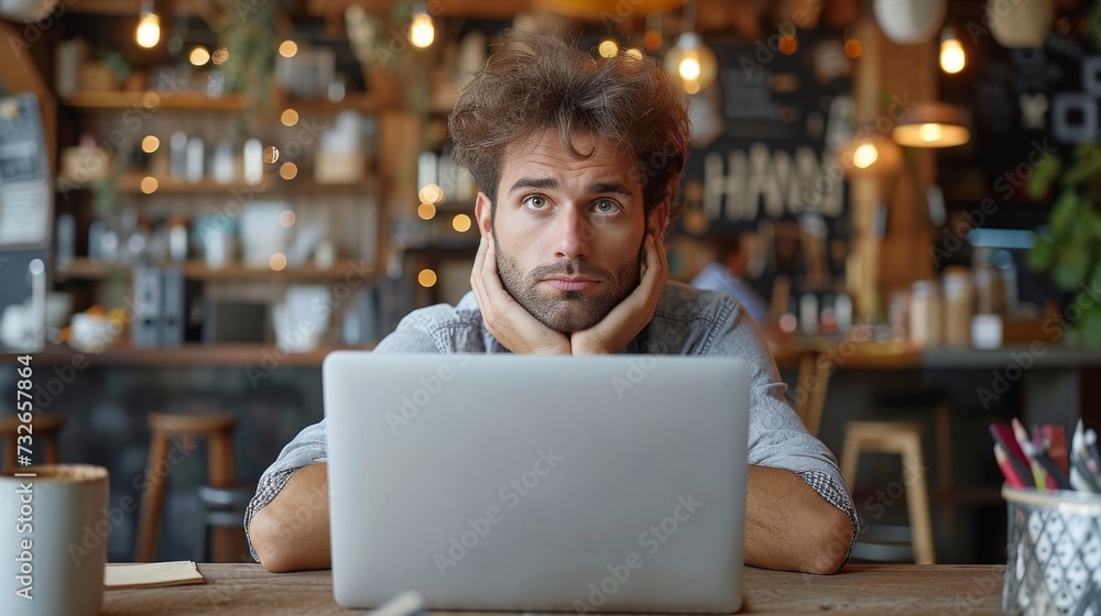 Obraz premium A man appears bored or thoughtful in front of a laptop at a cozy, decorated cafe, generative ai