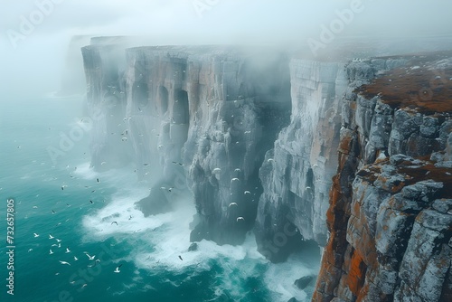 Aerial view of a cliff in the ocean with ruins of a medieval castle in the morning fog