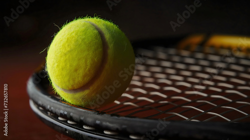 Closeup of a green or yellow tennis sport ball in sphere or circle shape placed on the tennis racket strings. Equipment for tournament match activities of professional players and athletes