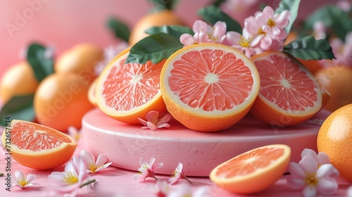 The image shows fresh cut grapefruit slices on a pink surface with blooming flowers around, generative ai