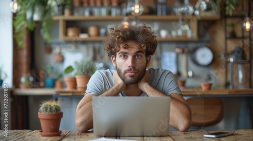 A man with curly hair looking pensive sits before a laptop in a cozy kitchen setting, generative ai
