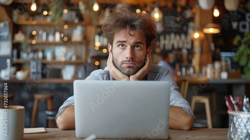 A man appears bored or thoughtful in front of a laptop at a cozy, decorated cafe, generative ai