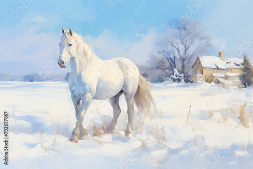 White or gray beautiful domestic horse animal standing on the farm field in snowy winter season, retro vintage houses in the background, idyllic painting in the rural countryside or village