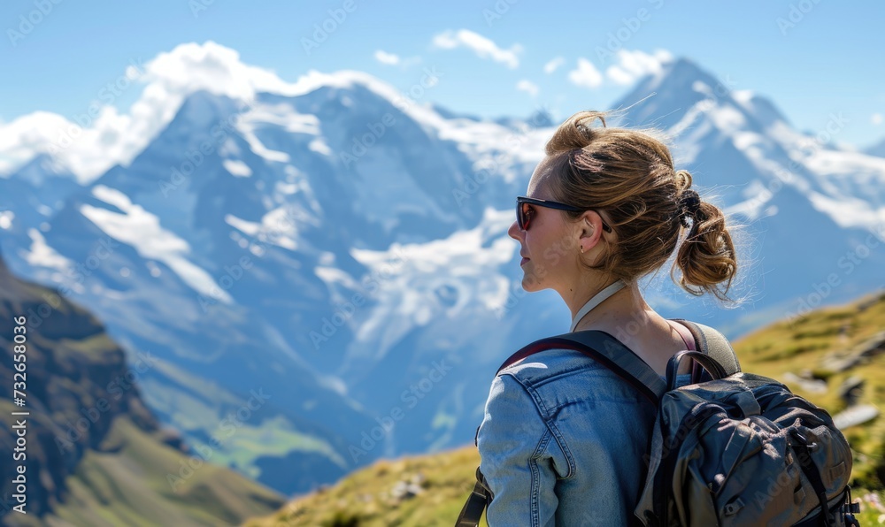 Swiss Alpine Adventure: A Happy Tourist Woman, Backpack-Clad, Revels in the Daytime Splendor of Jungfraujoch, Marveling at the Panoramic Views and Snow-Capped Peaks in the Swiss Alps.




