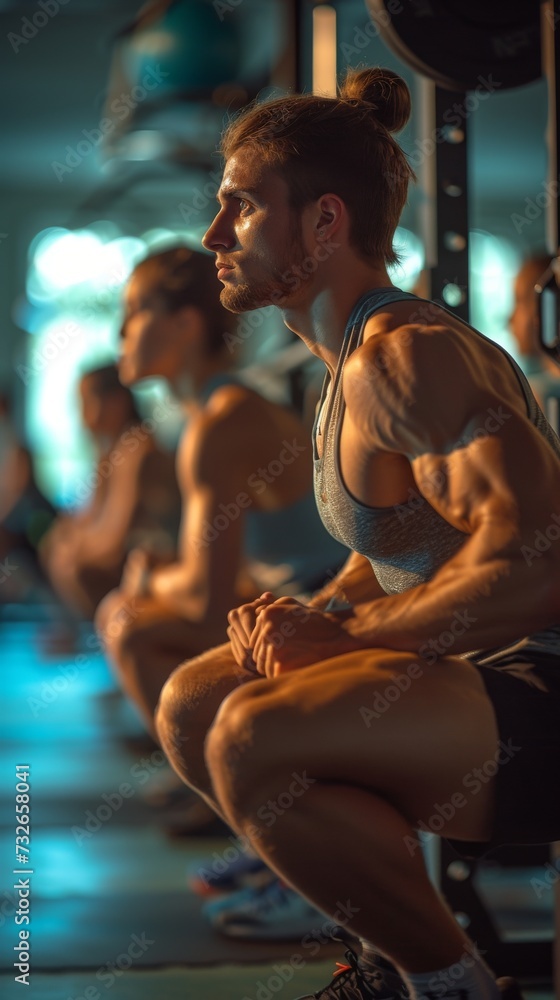 A focused individual performs a squat exercise at a gym, displaying health and fitness commitment, generative ai