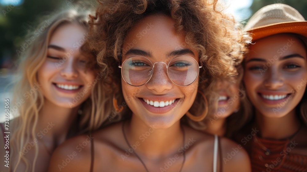 Four smiling young women posing closely together, enjoying sunny weather, with one wearing glasses in focus, generative ai