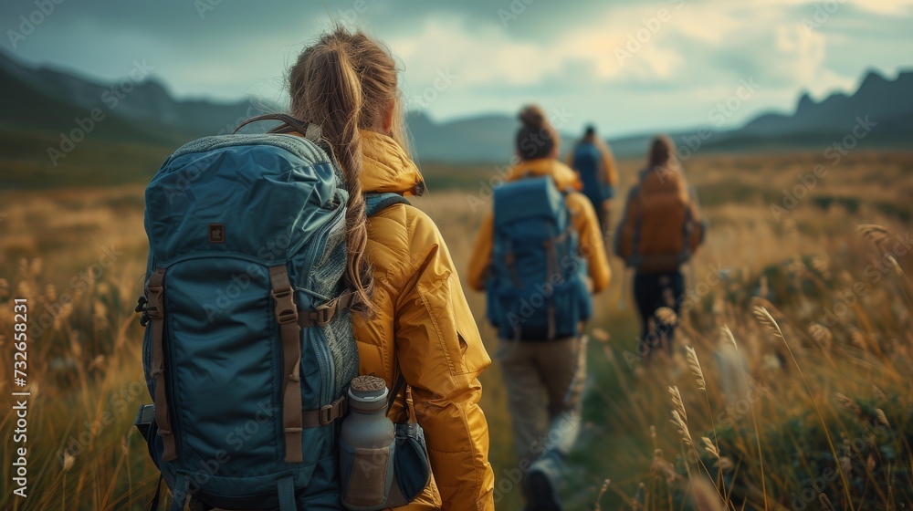A group of hikers with backpacks walks through a golden field towards distant mountains at dusk, generative ai
