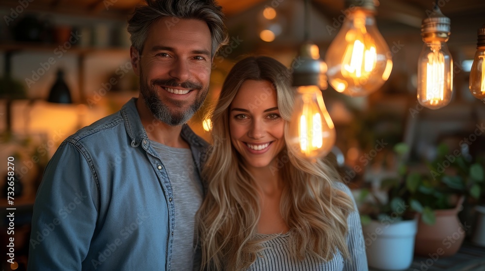 A smiling man and woman posing together, with warm glowing light bulbs hanging overhead, indoors, generative ai