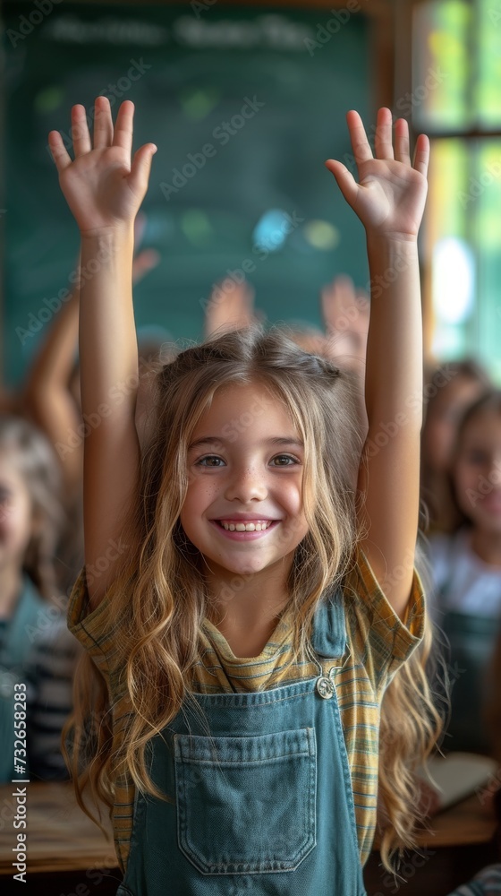 A smiling young girl with raised hands in a classroom full of students, eager or participating, generative ai A smiling young girl with raised hands in a classroom full of students, eager or participating, generative ai