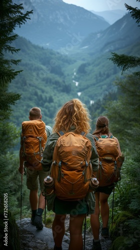 Three hikers with backpacks standing, overlooking a lush green valley, surrounded by forested mountains, generative ai