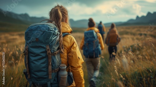 A group of hikers with backpacks walks through a golden field towards distant mountains at dusk, generative ai