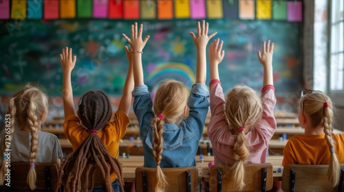 Children raising hands in colorful classroom, expressing eagerness or knowing the answer to a question, generative ai