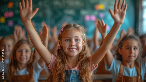 A classroom with eager children raising their hands, one smiling girl standing out in the front, generative ai