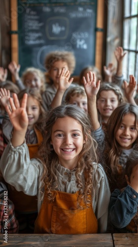 A group of cheerful children raising their hands in a classroom with a chalkboard behind them, generative ai