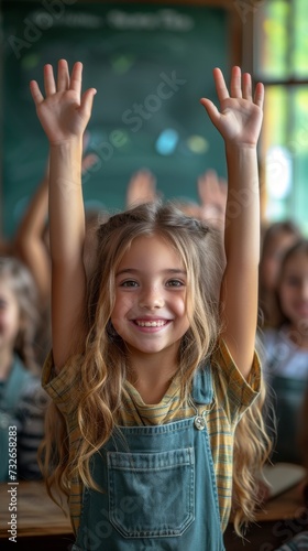 A smiling young girl with raised hands in a classroom full of students, eager or participating, generative ai