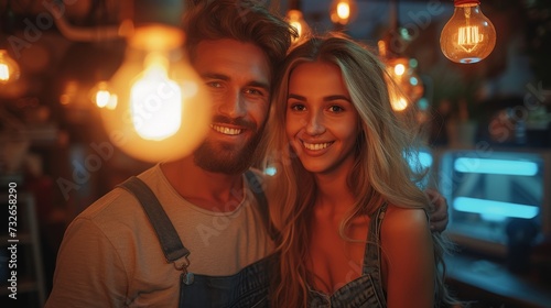 A smiling couple posing together in a cozy room with warm lighting and hanging light bulbs, generative ai