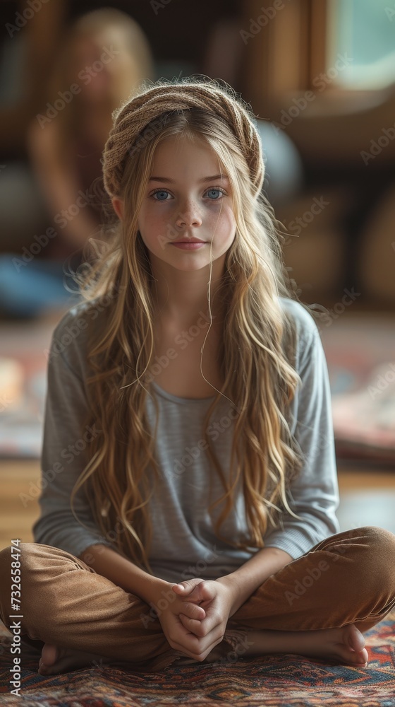 A girl with long blonde hair sits cross-legged, wearing a headband, gazing forward, indoors, warm lighting, generative ai A girl with long blonde hair sits cross-legged, wearing a headband, gazing forward, indoors, warm lighting, generative ai