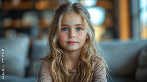 A young girl with blue eyes and blonde hair is sitting indoors, looking thoughtful and serene, generative ai