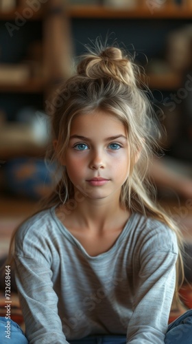 A young girl with blue eyes and a bun hairstyle is sitting indoors, looking thoughtfully forward, generative ai
