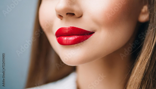 Close-up of Caucasian woman s red lips and soft skin. Beauty and confidence