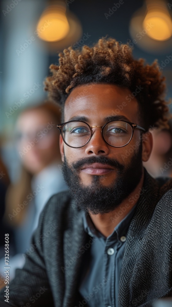 A man with glasses and curly hair, sporting a beard, looks pensive in a softly lit room, generative ai