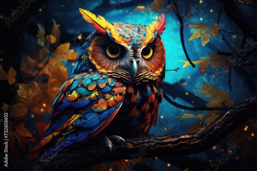 A colorful owl with a yellow eye and blue eyes sits on a branch