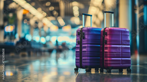 Two purple suitcases placed in an airport hall or lobby. Tourist baggage, summer tropical holiday trip accessories, clothes and belongings. Arrival before the airplane flight transportation, no people