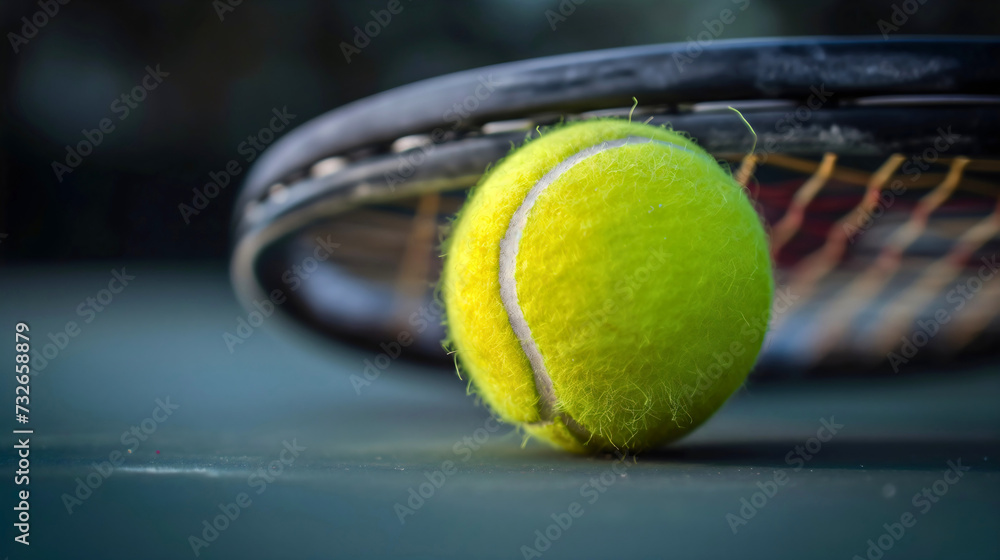 Closeup of a green or yellow tennis sport ball in sphere or circle shape placed under the tennis racket strings. Equipment for tournament match activities of professional players and athlete
