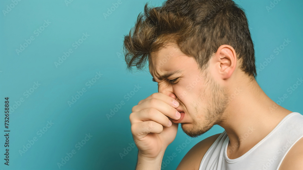 Closeup studio photography of a young man holding his nose with a hand, disgusted and unhappy face expression because of the bad stinky smell. Unpleasant aroma, upset guy, covering nose - obrazy, fototapety, plakaty 