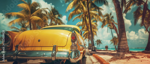 Yellow classic car on a tropical beach with palm tree, vintage process photo