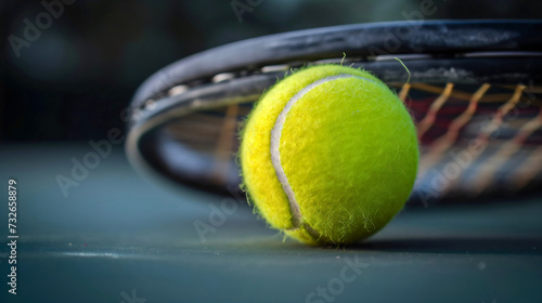 Closeup of a green or yellow tennis sport ball in sphere or circle shape placed under the tennis racket strings. Equipment for tournament match activities of professional players and athlete © Nemanja