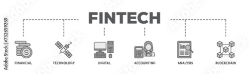 Fintech banner web icon illustration concept with icon of financial, technology, digital, accounting, analysis and blockchain icon live stroke and easy to edit 