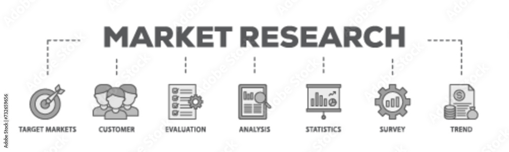 Market research banner web icon illustration concept with icon of target markets, customer, evaluation, analysis, statistics, survey and trend icon live stroke and easy to edit Market research banner web icon illustration concept with icon of target markets, customer, evaluation, analysis, statistics, survey and trend icon live stroke and easy to edit