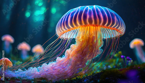 rainbow jellyfish illuminate dark sea; mesmerizing colors against transparent background