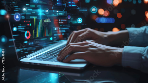 person's hands are seen typing on a laptop keyboard, with futuristic digital graphics of charts, graphs, and data analytics floating above the computer screen.