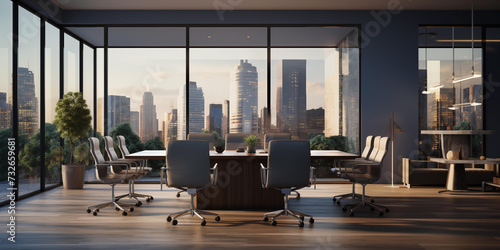 Realistic office meeting space with sleek glass walls  Empty office conference room  modern board meeting office interior with large windows